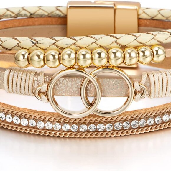 Leopard Leather Wrap Bracelet Women Multi-Layer Pearl Crystal Jewelry - Picture 1 of 6